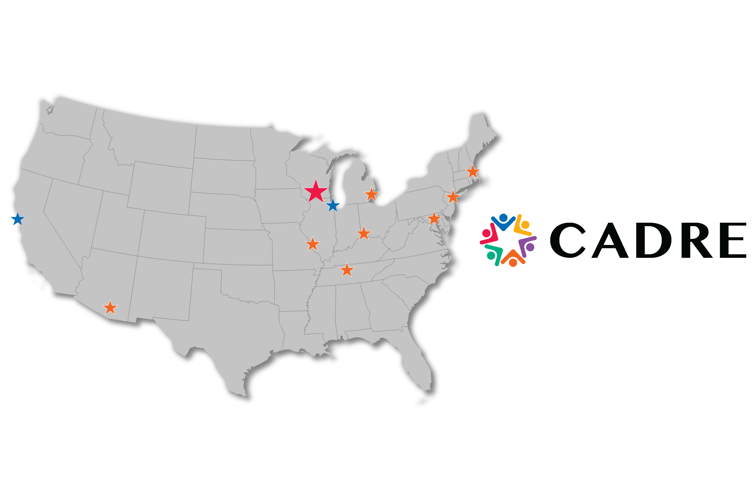 A map of the continental United States with Stars at Universities and other Centers that are part of CADRE.
Sites include a large red star over Madison, WI; small blue stars indicating science centers over Chicago, IL (UChicago) and San Francisco, CA (UCSF); and small orange stars representing cohorts in MA, NY, MD, MI, OH, IL, TN, and AZ.