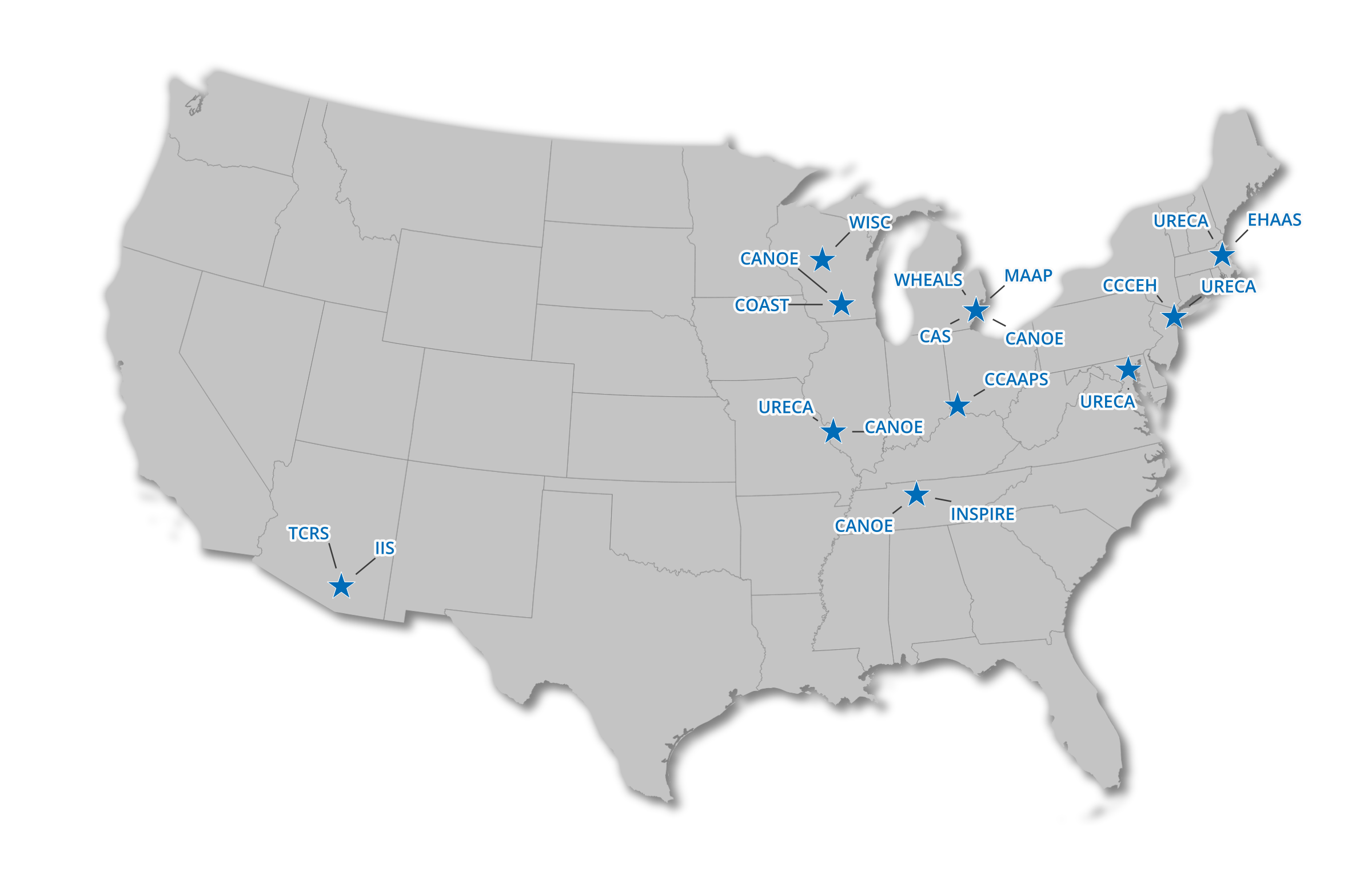 A map of the continental United States with Stars at Universities and other Centers that are part of CADRE. 
Sites include a large red star over Madison, WI highlighting UW and associated cohorts (CANOE, WISC, COAST) as well as small orange stars representing cohorts in MA (EHAAS, URECA cohorts), NY (CCCEH, URECA cohorts), MD (URECA), MI (CANOE, MAAP, CAS, WHEALS cohorts), OH (CCAPS), IL (URECA, CANOE cohorts), TN (CANOE, INSPIRE cohorts), and AZ (IIS, TCRS cohorts).
These cohorts are described in more detail in the table on this page. 